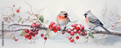 Illustration of bird sitting on branch with red berries in snow. Whistler, waxwing on a ashberry, hawthorn berries, rowan tree branch in cold frost. Wintering of non-migratory birds concept.