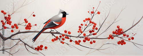 Illustration of bird sitting on branch with red berries in snow. Whistler, waxwing on a ashberry, hawthorn berries, rowan tree branch in cold frost. Life of wild birds in winter concept. photo