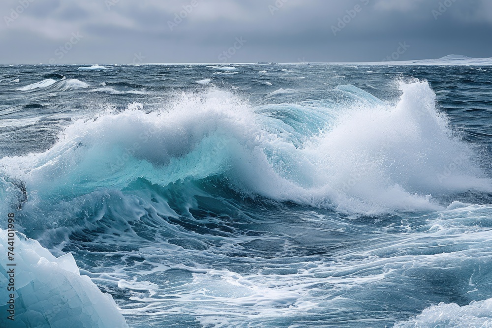 Obraz premium A powerful and enormous wave crashes forcefully into the ocean, creating a spectacular display on a cloudy day, Powerful waves in the arctic sea with iceberg pieces, AI Generated