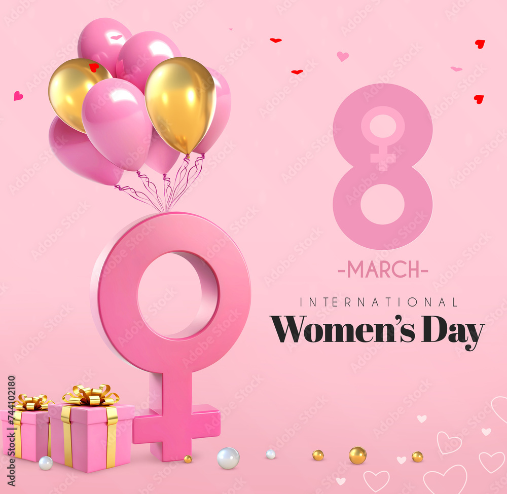 Women's Day Background With 3D Rendering  Female Symbol, Gifts And Balloons