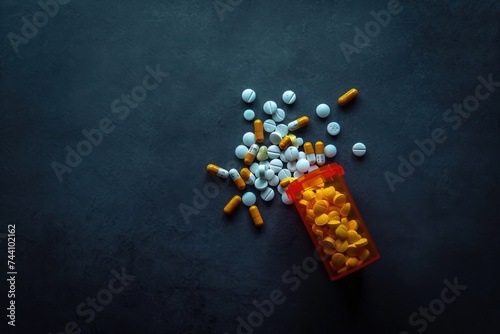 Pills spill out of a prescription pill bottle on a plain black surface, Prescription opioids scattered on a dark background, AI Generated photo