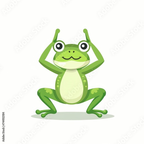 A Cute Green Frog Engaged in Yoga Stretches Against a White Background