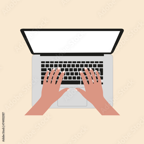 Woman hands on a laptop's keyboard, vector illustration, top view. Working online, working at home, freelancing, studying, using a computer, PC, device icon