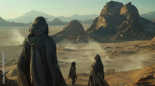 alien world background movie Dune exo planet men in black in desert epic scene by Midjourney 6