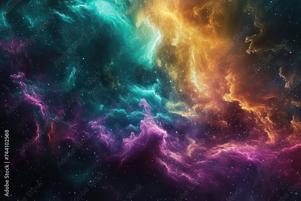 An image of a space filled with vibrant colors, stars, and clouds, Psychedelic hues forming a galaxy cloud nebula, AI Generated