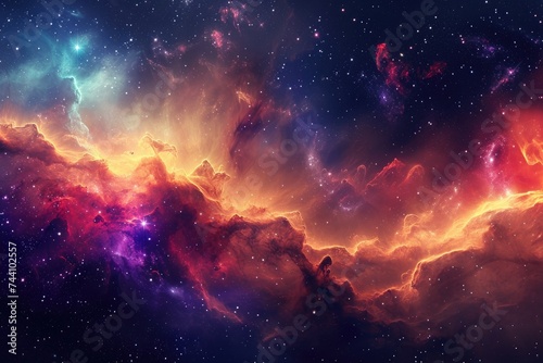 A vibrant and dynamic space scene featuring an array of colorful stars and swirling clouds  Psychedelic hues forming a galaxy cloud nebula  AI Generated