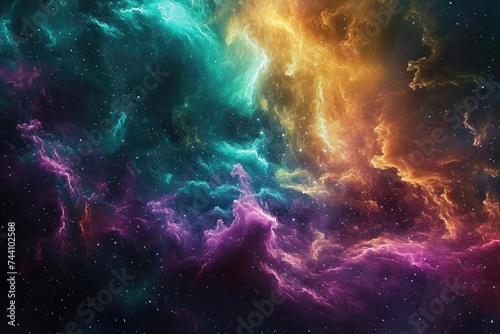 An image of a space filled with vibrant colors  stars  and clouds  Psychedelic hues forming a galaxy cloud nebula  AI Generated