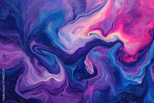 An abstract painting showcasing vibrant purple and blue shades in intricate patterns and brushstrokes, Psychedelic swirls of radiant purples, blues, and pinks, AI Generated