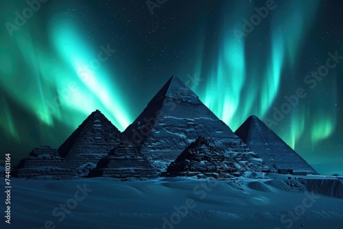 A stunning photo capturing a group of pyramids surrounded by snow, illuminated by the mesmerizing glow of the aurora lights, Pyramids of Egypt under the dancing Northern Lights, AI Generated