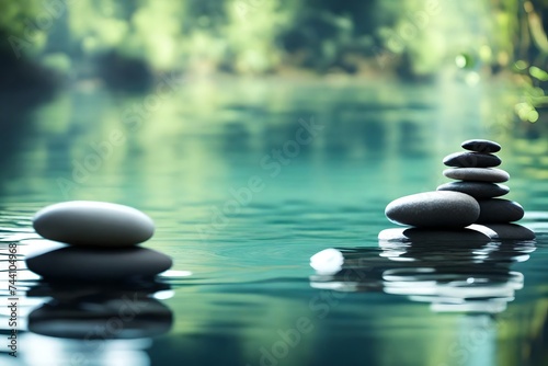 Zen Stones Balancing in Tranquil Water   background is blurr   8k. 