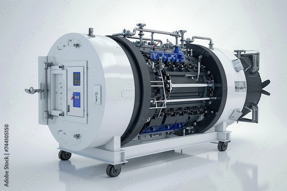 A machine is placed on a plain white surface, showcasing its form and design, Raster image of an autoclave sterilizer, AI Generated A machine is placed on a plain white surface, showcasing its form and design, Raster image of an autoclave sterilizer, AI Generated