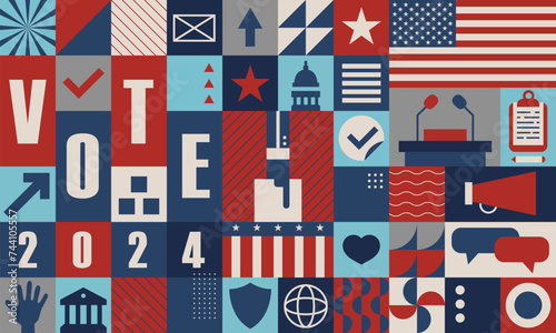 Vote. Every voice matters. Vector banner template for US presidential election. Election day. Usa debate of president voting 2024. Election voting poster. Vote 2024 in USA, banner design