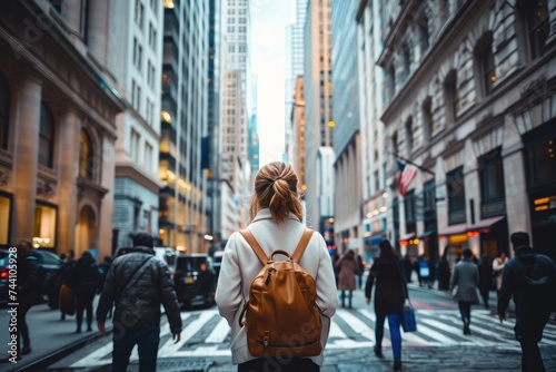 A woman wearing a backpack is walking down a busy urban street with other pedestrians and buildings in the background, Businesswoman walking in a bustling financial district, AI Generated photo