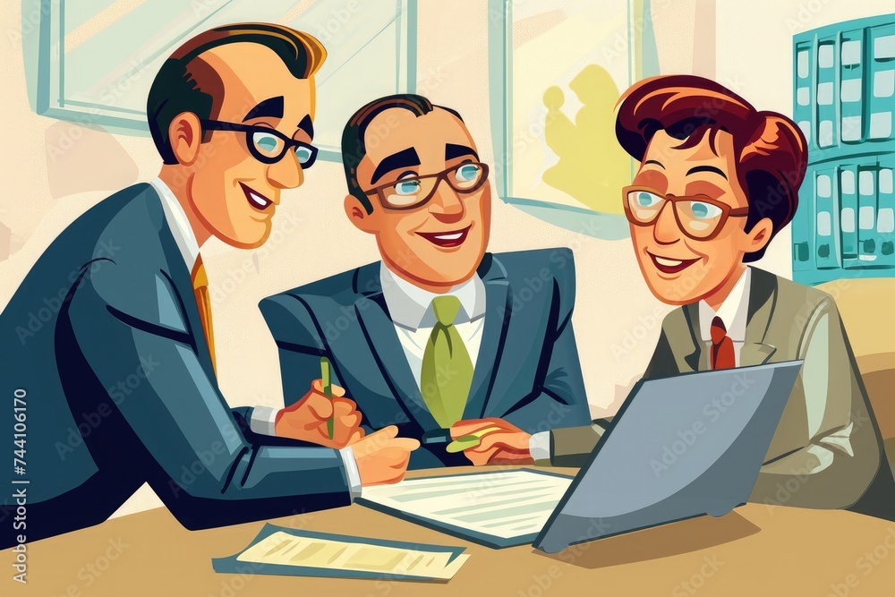 Three men are diligently working together on a laptop at a table, Cartoon version of a tax consultant advising clients, AI Generated Three men are diligently working together on a laptop at a table, Cartoon version of a tax consultant advising clients, AI Generated