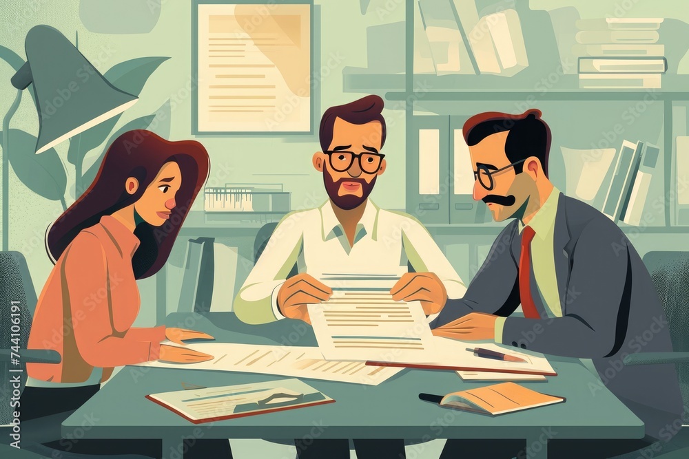 A diverse group of people sitting around a table engaged in conversation and enjoying a meal together, Cartoon version of a tax consultant advising clients, AI Generated A diverse group of people sitting around a table engaged in conversation and enjoying a meal together, Cartoon version of a tax consultant advising clients, AI Generated