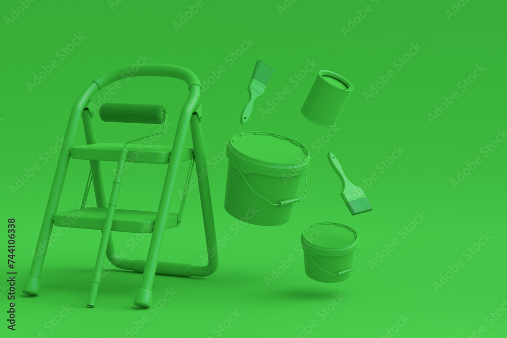 Set of folding ladder, bucket, helmet with paint rollers and brushes Set of folding ladder, bucket, helmet with paint rollers and brushes