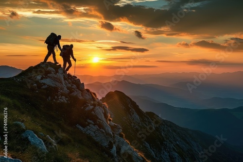 Two adventurers reaching the highest point of Mount Everest  standing triumphantly on the peak  Rewarding journey of two hikers  one helping the other reach the mountain top  AI Generated