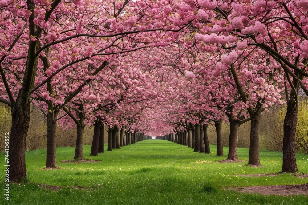 A row of trees with pink flowers blossoming, creating a vibrant and colorful scene, Cherry blossom trees at full bloom in springtime, AI Generated A row of trees with pink flowers blossoming, creating a vibrant and colorful scene, Cherry blossom trees at full bloom in springtime, AI Generated