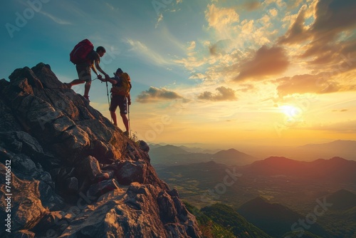 Two individuals are seen ascending the rugged side of a mountain, demonstrating strength and determination, Rewarding journey of two hikers, one helping the other reach the mountain top, AI Generated
