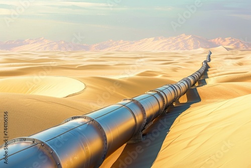 A long metal pipeline stretches across the barren desert, transporting vital resources through the remote terrain, Rigid industrial pipelines contrasting with soft sand dunes, AI Generated