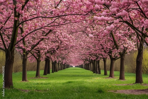 A row of trees with pink flowers blossoming, creating a vibrant and colorful scene, Cherry blossom trees at full bloom in springtime, AI Generated