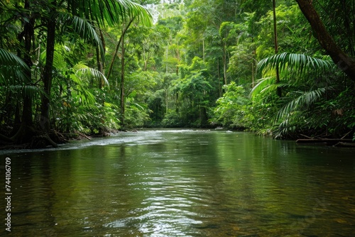 A meandering river gracefully winds its way through a dense and vibrant green forest, creating a striking natural landscape, River at the heart of a pristine rainforest, AI Generated