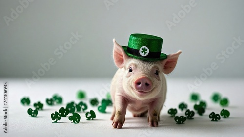Little cute pig with green hat on white background with copy space. Adorable Piglet in Green Hat Celebrating St. Patrick's Day.
