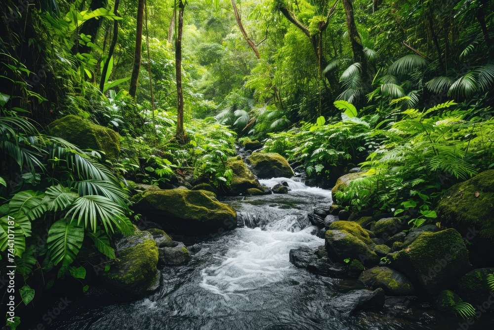 A vibrant stream cuts through a dense forest, surrounded by thick foliage and an abundance of greenery, River cascading through a lush rainforest, AI Generated A vibrant stream cuts through a dense forest, surrounded by thick foliage and an abundance of greenery, River cascading through a lush rainforest, AI Generated