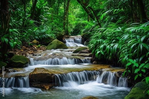 A small waterfall flows through a dense, vibrant green forest, creating a picturesque sight, River cascading through a lush rainforest, AI Generated