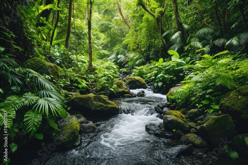 A vibrant stream cuts through a dense forest  surrounded by thick foliage and an abundance of greenery  River cascading through a lush rainforest  AI Generated