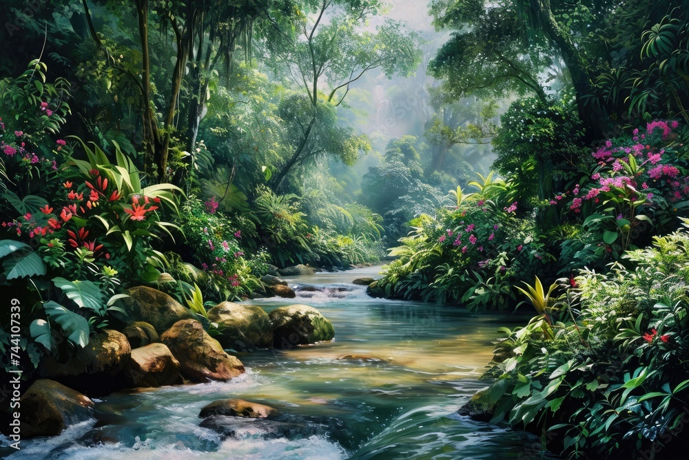 An artistic representation of a stream flowing through a vibrant tropical forest, with sunlight filtering through the dense foliage, River in a rainforest with vibrant flora and fauna, AI Generated