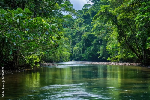A river gracefully meanders through a lush green forest, creating a serene scene of tranquility, River shaded by the paranomic vista of a rainforest, AI Generated photo