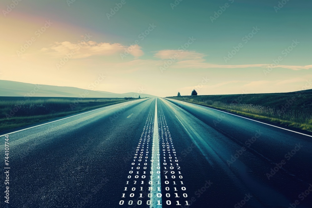 A photo of a road featuring a series of consecutive numbers painted on the side of the asphalt lane, Road disappearing into the horizon made of binary code, AI Generated - obrazy, fototapety, plakaty 