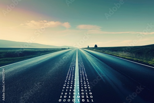 A photo of a road featuring a series of consecutive numbers painted on the side of the asphalt lane, Road disappearing into the horizon made of binary code, AI Generated