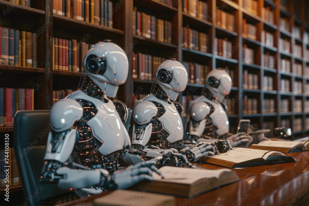 A lineup of robots, each with distinct features, neatly arranged on a wooden desk, Robots in a futuristic library studying history, AI Generated A lineup of robots, each with distinct features, neatly arranged on a wooden desk, Robots in a futuristic library studying history, AI Generated