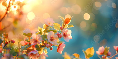 blossoming tree in the forest with bokeh lights - abstract springtime background