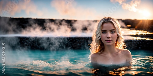 A beautiful blonde girl swims in a warm thermal spring. Scandinavian girl swims in the water in winter. Hot thermal springs.Steam and smoke in the background. Female portrait.