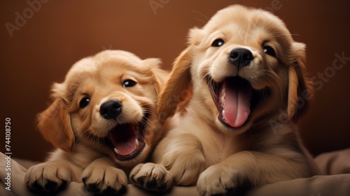 Two happy golden retriever puppies smiling and cuddling on a soft brown background.