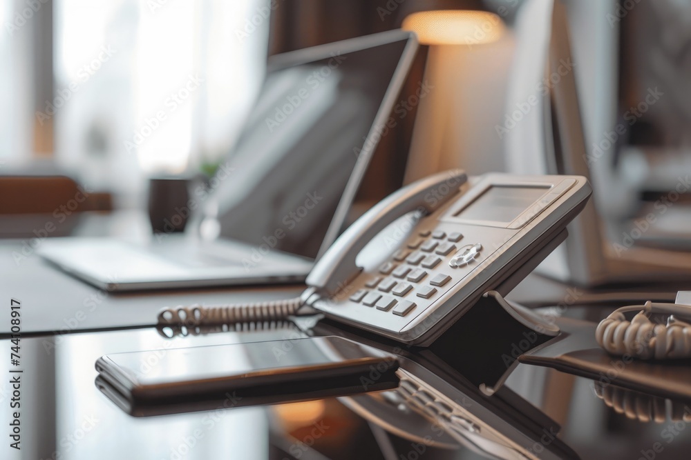A mobile phone sits on top of a desk next to a laptop, creating a modern workspace, Close-up image of an office phone on a sleek desk, AI Generated A mobile phone sits on top of a desk next to a laptop, creating a modern workspace, Close-up image of an office phone on a sleek desk, AI Generated
