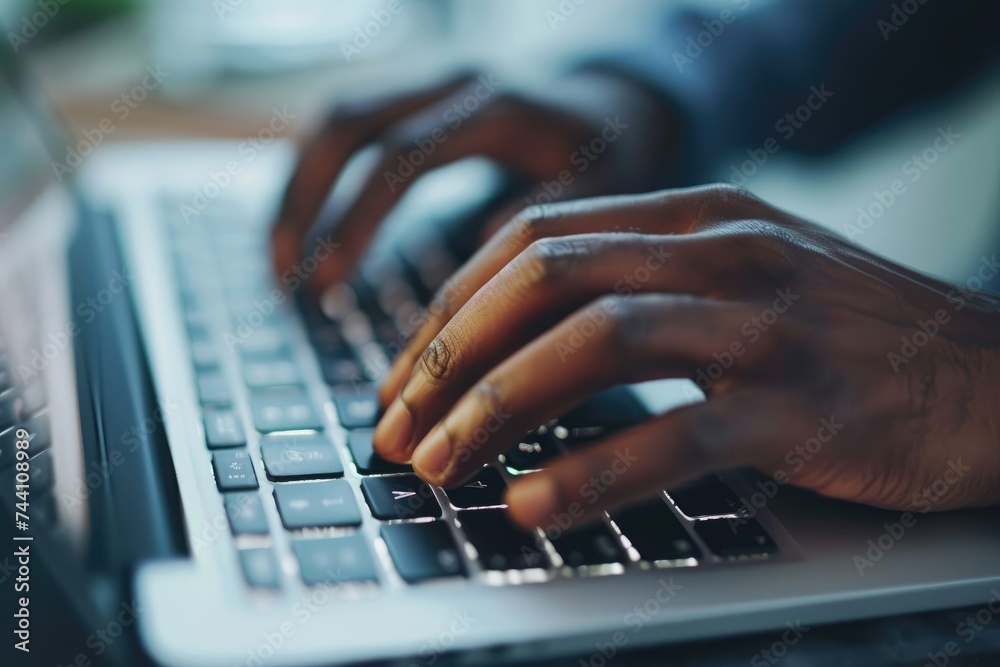 A detailed view of a persons hands typing on a laptop keyboard, engaged in focused work, Close-up image of hands typing on a laptop keyboard, AI Generated A detailed view of a persons hands typing on a laptop keyboard, engaged in focused work, Close-up image of hands typing on a laptop keyboard, AI Generated