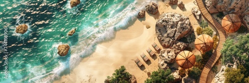 Luxurious Beachside Resort Aerial - A top-down view of an opulent beach resort with unique huts and walkways