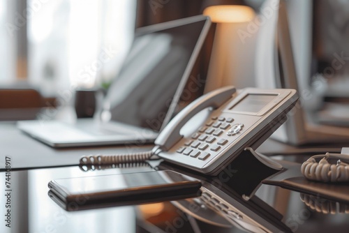 A mobile phone sits on top of a desk next to a laptop, creating a modern workspace, Close-up image of an office phone on a sleek desk, AI Generated