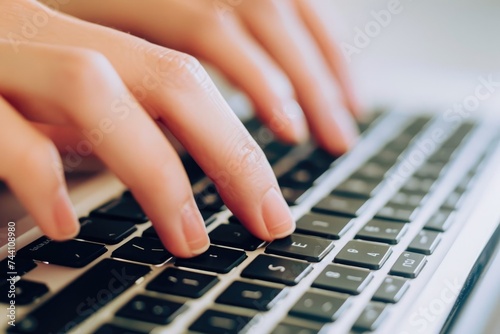 A detailed view of a persons hands typing on a laptop keyboard, focusing on the action of typing, Close-up image of hands typing on a laptop keyboard, AI Generated