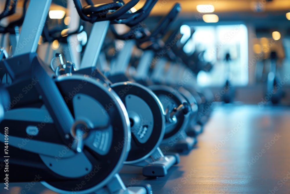 Fototapeta premium A row of stationary exercise bikes neatly arranged in a gym, ready for use, Row of spin bikes in a gym, AI Generated
