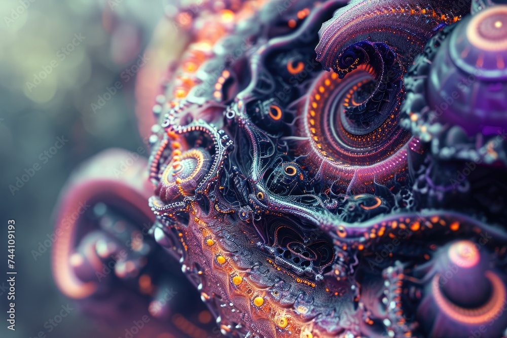 Fototapeta premium Close Up of a Purple and Orange Object, Close-up of a cybernetic organism with intricate detailing, AI Generated