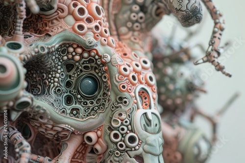 A detailed view of a sculpture depicting an octopus, showcasing its intricate tentacles and realistic features, Close-up of a cybernetic organism with intricate detailing, AI Generated