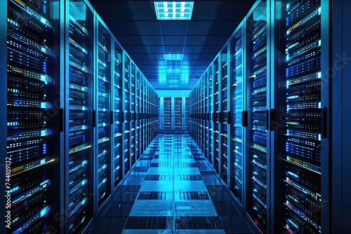 A photo capturing a vast room illuminated by numerous blue lights, creating an awe-inspiring visual spectacle, Rows of servers in a high tech data center, AI Generated