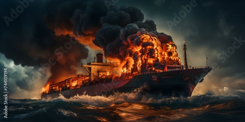 Dramatic image of a large cargo ship engulfed in flames at sea. Concept Maritime Disaster, Cargo Ship Fire, High Seas Emergency, Rescue Operation, Nautical Crisis,