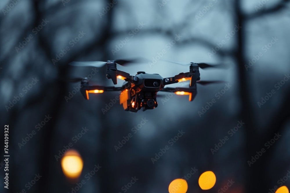 This black and white photograph captures the flight of an unidentified object against the backdrop of the sky, Close-up of a nano-drone in flight, AI Generated