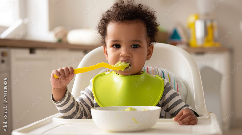 Toddler self-feeding with spoon in high chair. Toddler self-feeding with spoon in high chair.